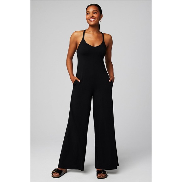 Fabletics Pants - Fabletics Jumpsuit Womens XL Black Wide Leg Strappy Back Pockets Loungewear
